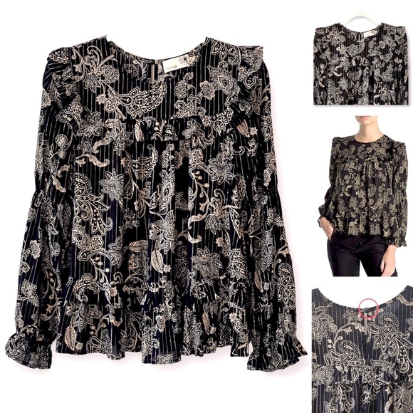 NEW Blouse Boho Tiered Ruffle Hem Swing Long Sleeves Crew Neck Elastic Cuffs - Picture 1 of 16